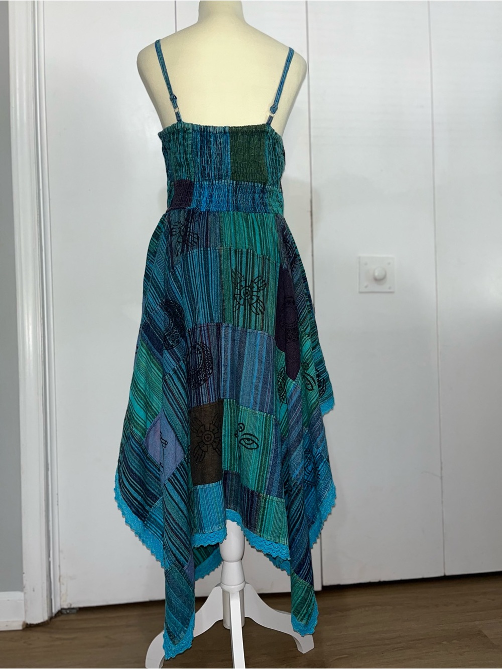 Ananta Cotton Patchwork & Printed Dress  Boho Crochet Trim Smocked Bodice NWT - Picture 8 of 13